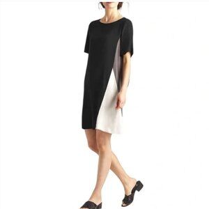 Eileen Fisher Bateau Neck Colorblock Shift Dress Silk Georgette Crepe NWT
